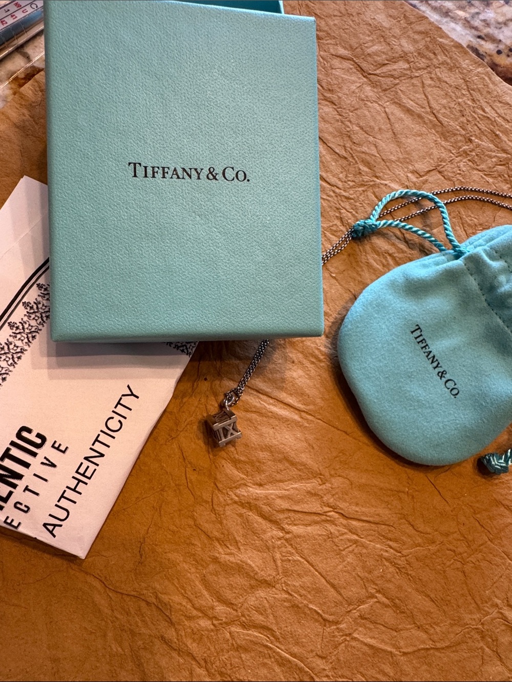 Tiffany & Co. Silver Atlas Roman Cube Necklace -Blue Pouch, Box, & Certificate - Picture 6 of 6